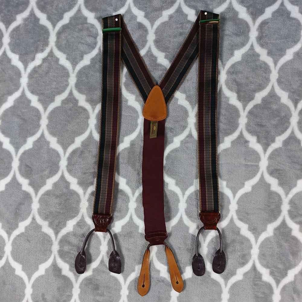 Trafalgar Suspenders Men Maroon Black‎ Striped Leather Y Back Button End Braces